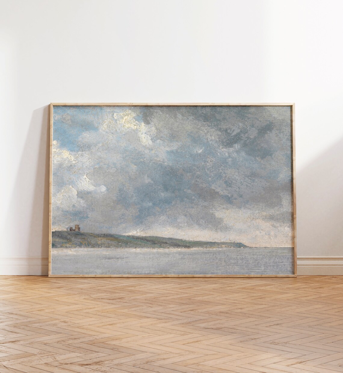 Moody Gray Coastal Cliff Seascape Antique Oil Painting Stormy Sky Wall Art - Image 5