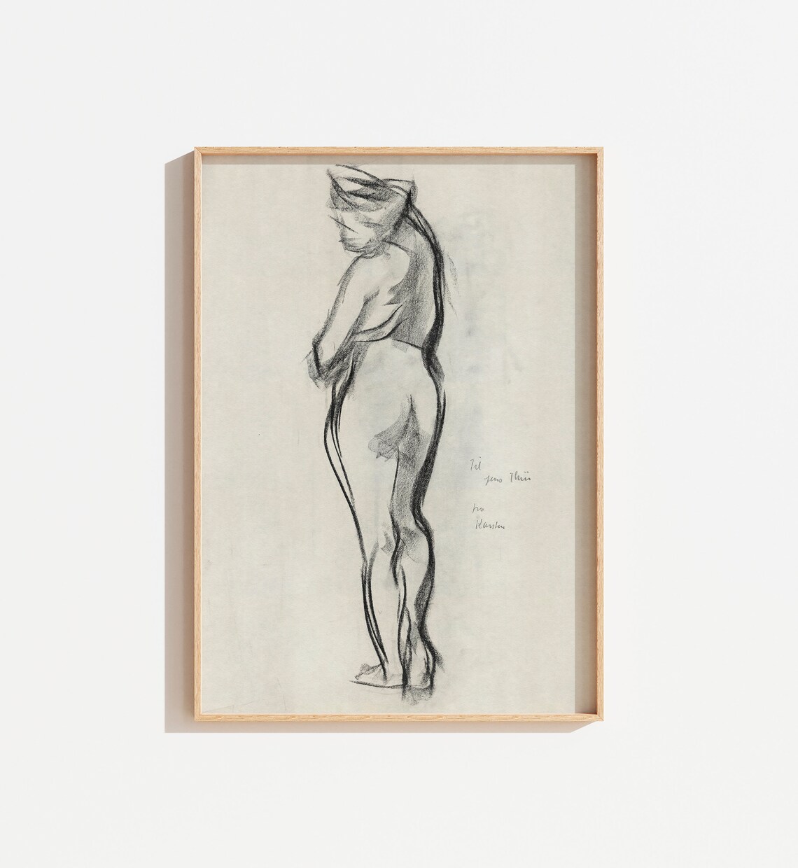 Vintage Nude Charcoal Standing Figure Sketch Minimalist Antique Wall Art
