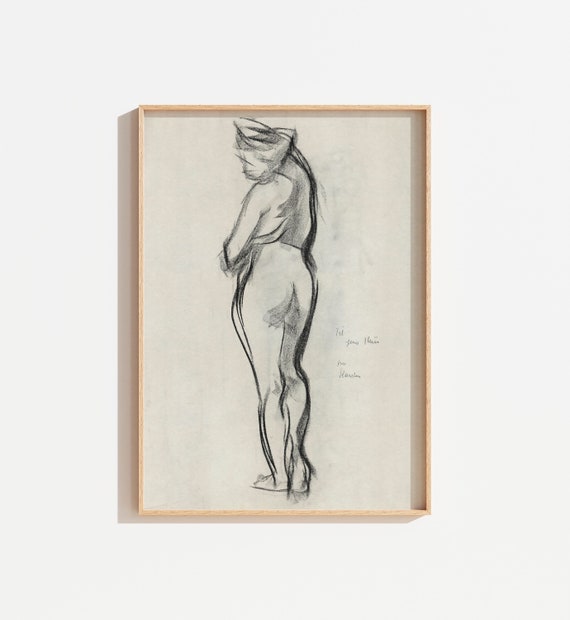 Vintage Charcoal Sketch Of Nude Woman Minimalist Original Antique Drawing Abstract Sketch