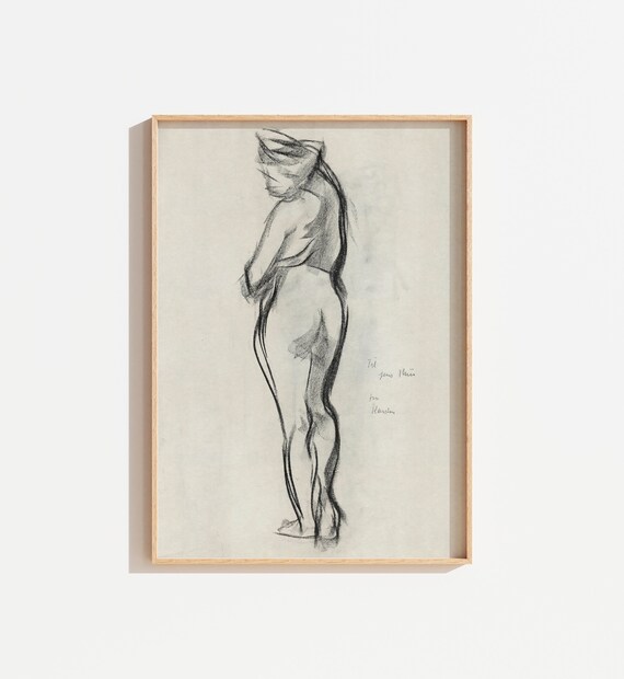 Vintage Nude Charcoal Standing Figure Sketch Minimalist Antique Wall Art