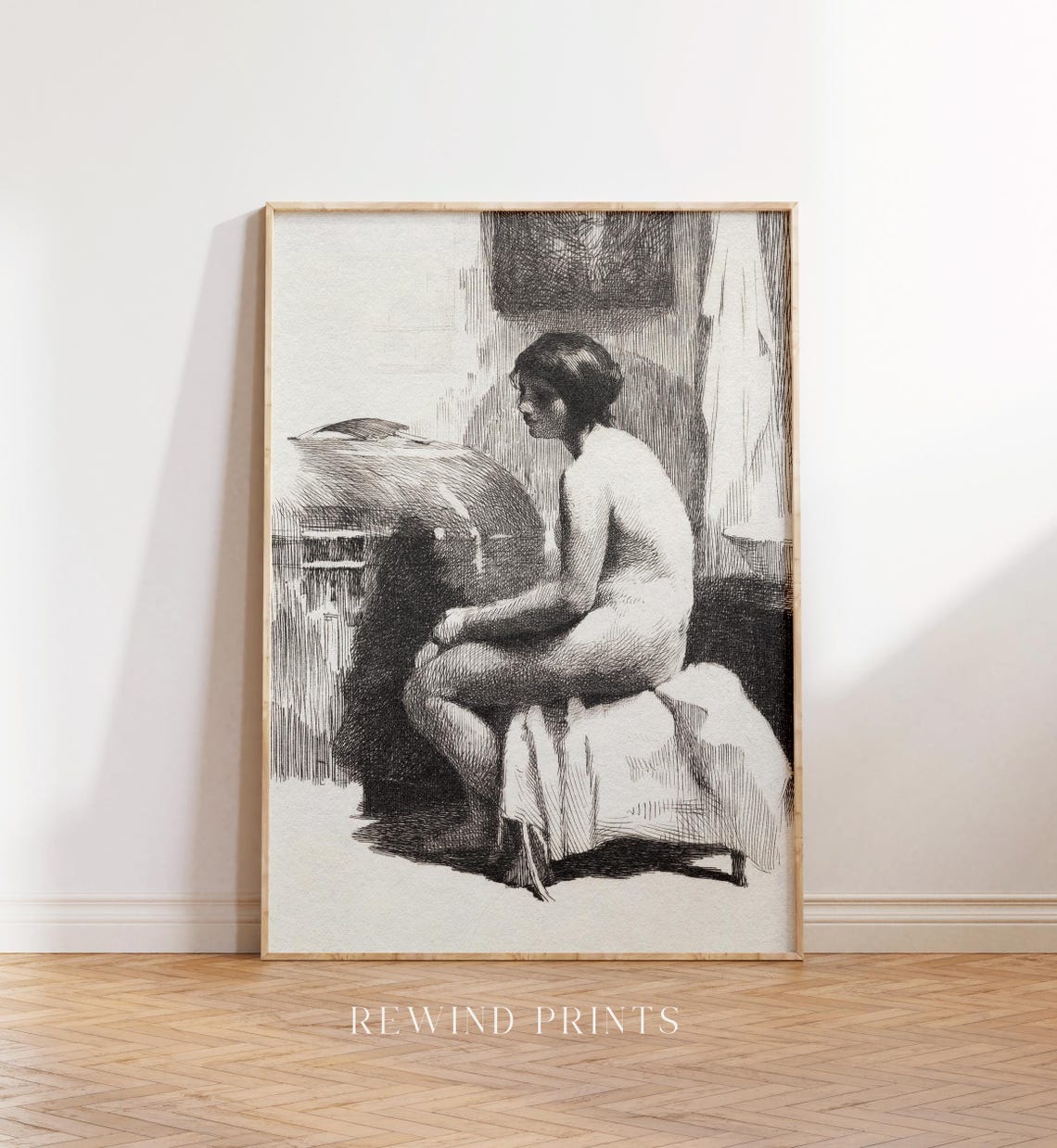 Antique Nude Woman Seated Sketch Black And White Figure Drawing Print - Image 4