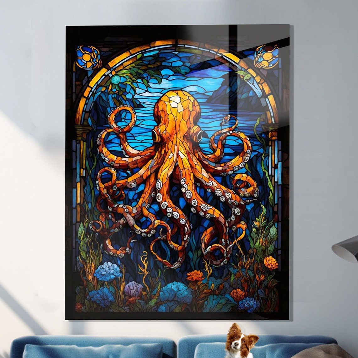 Orange Octopus Stained Glass Underwater Maximalist Gallery Poster