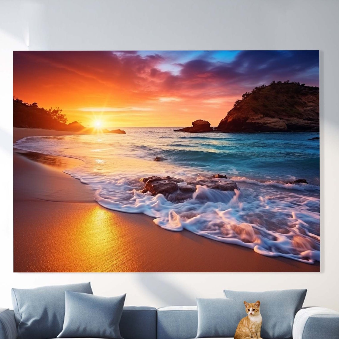 Tropical Beach Sunset Golden Ocean Waves Rocky Shore View Poster