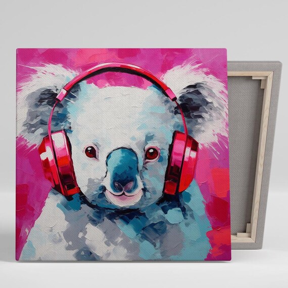 Koala Wearing Red Headphones Pop Art Portrait Pink Background Fun Wall Poster