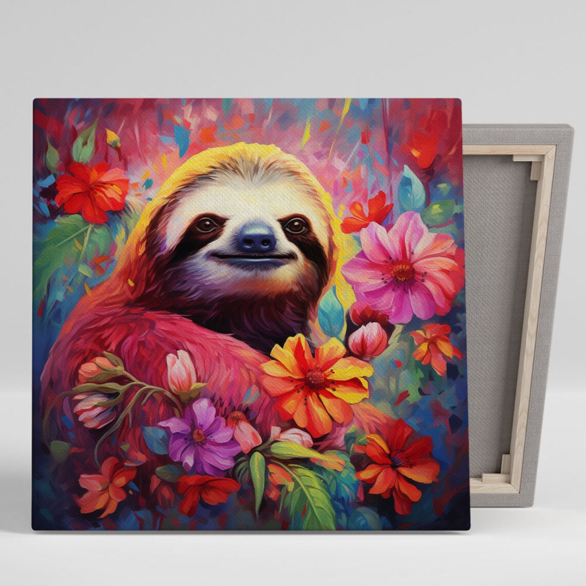 Smiling Sloth Among Vibrant Tropical Flowers Colorful Pop Style Animal Print