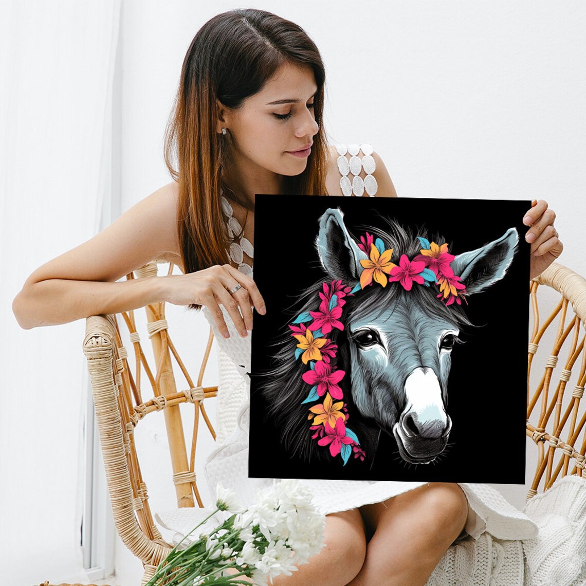 Floral Donkey Elegant Flower Crown Vibrant Black Background Poster - Image 3