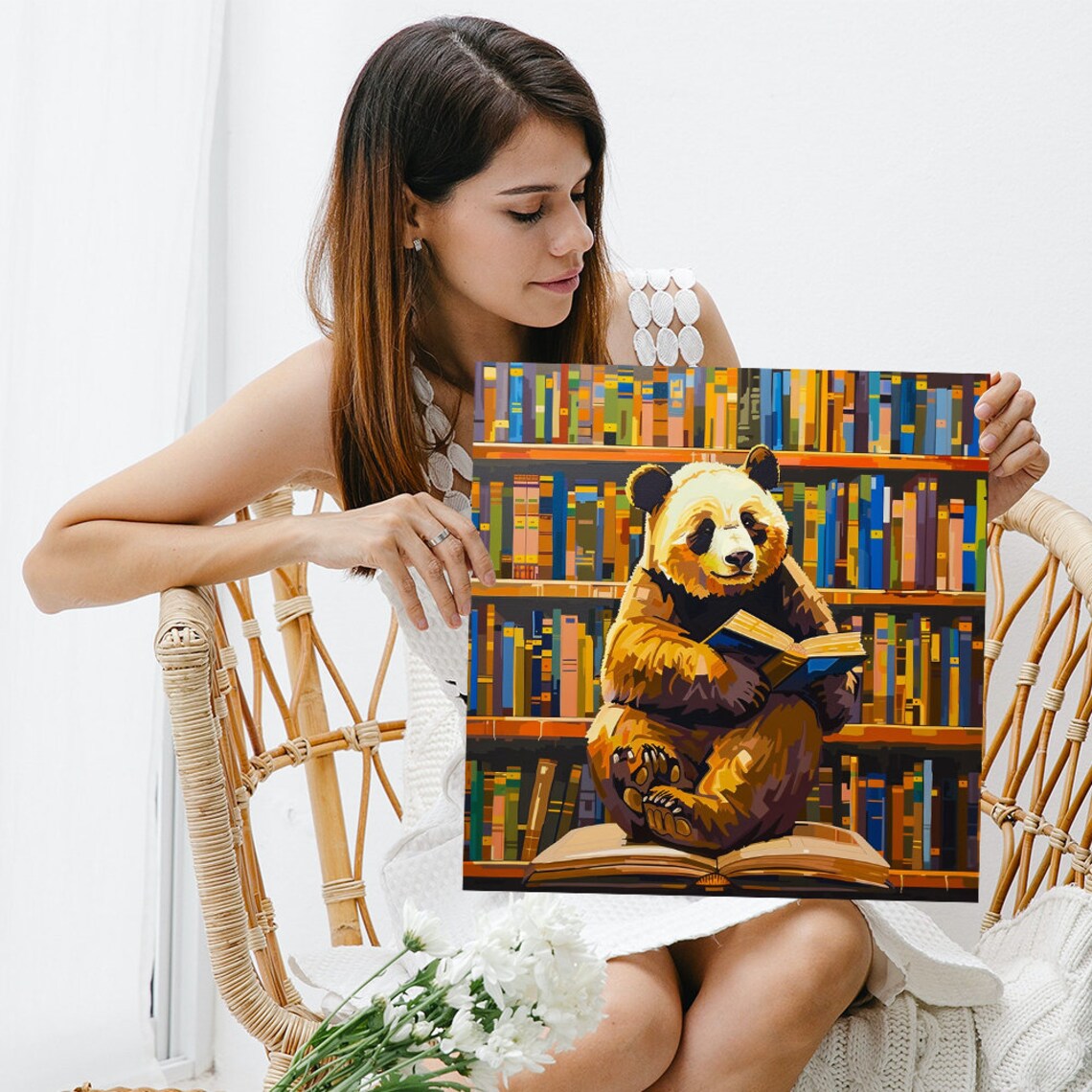 Bookworm Panda Reading In Colorful Library Vibrant Pop Art Children's Wall Art - Image 3