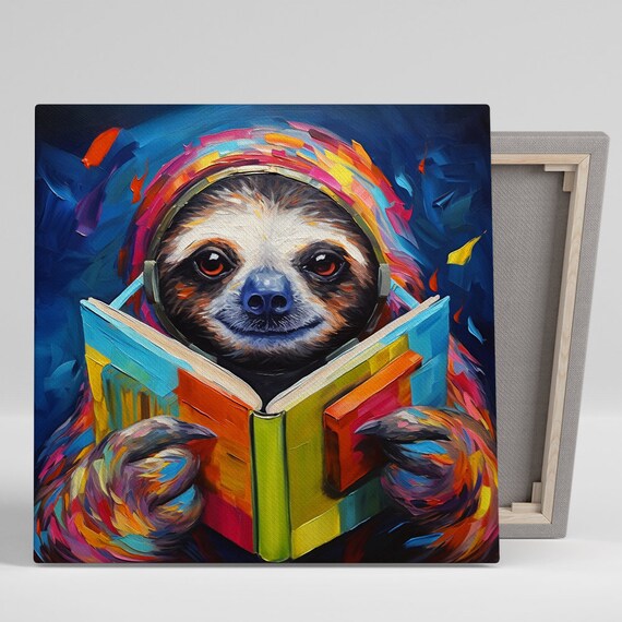 Cosmic Sloth Reading Book Poster Colorful Sloth Scholar Funny Animal Wall Art