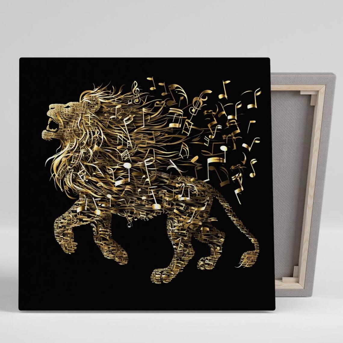 Golden Lion Music Notes Abstract Black Gold Musical Animal Art Poster