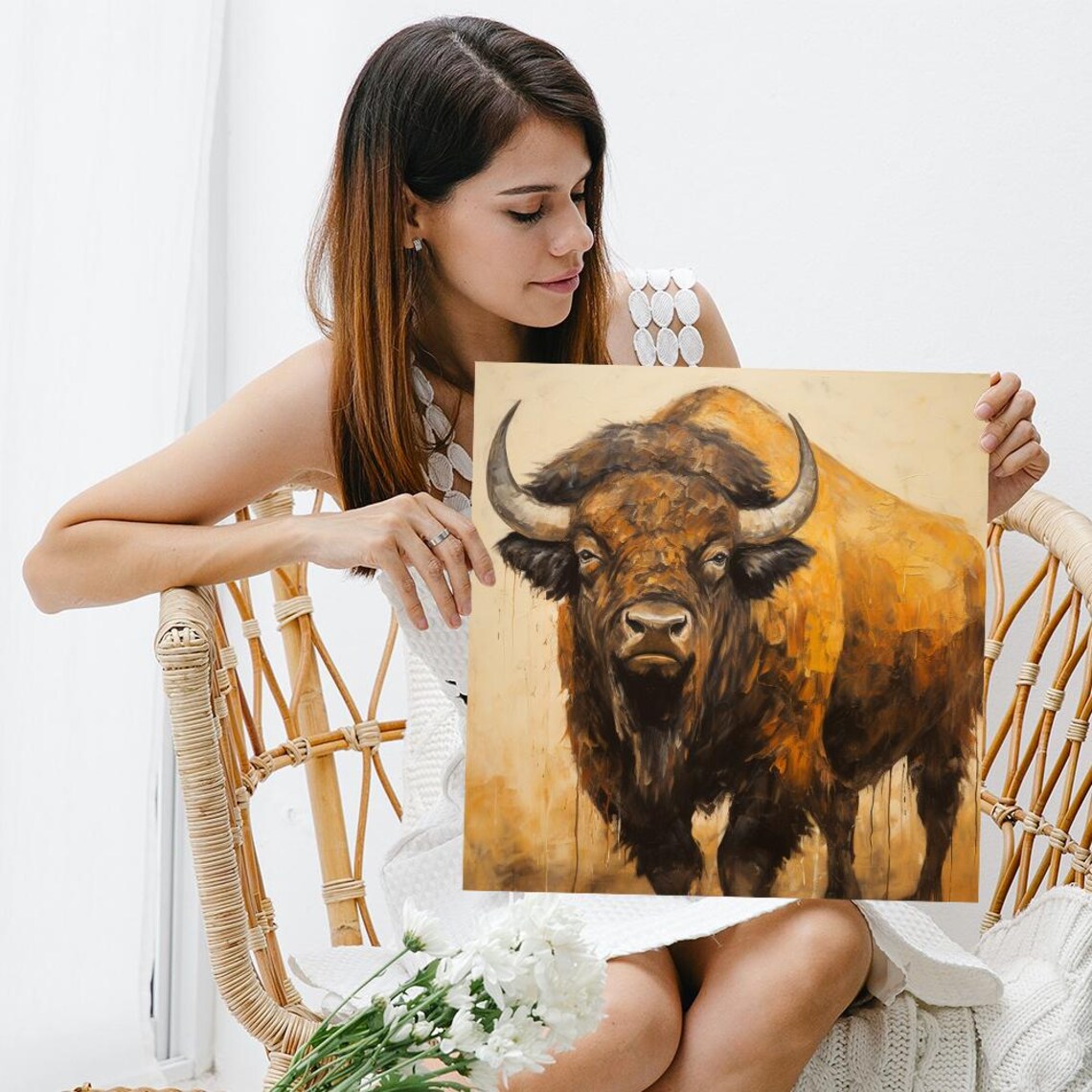 Majestic Bison Portrait In Warm Golden Brown Oil Painting Style Poster - Image 3
