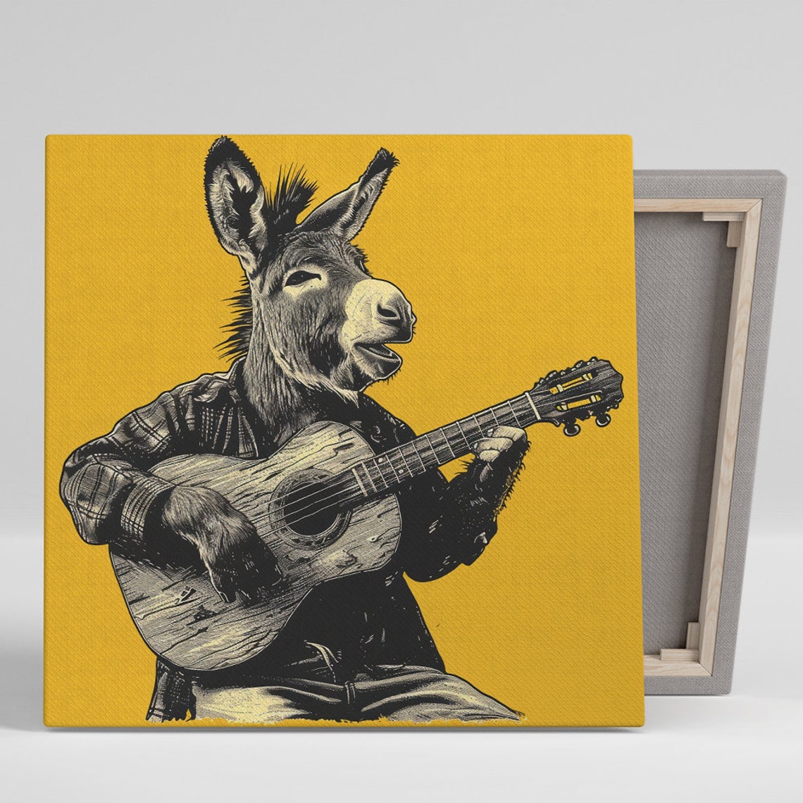 Donkey Playing Guitar Singing Vintage Engraving Mustard Wall Art