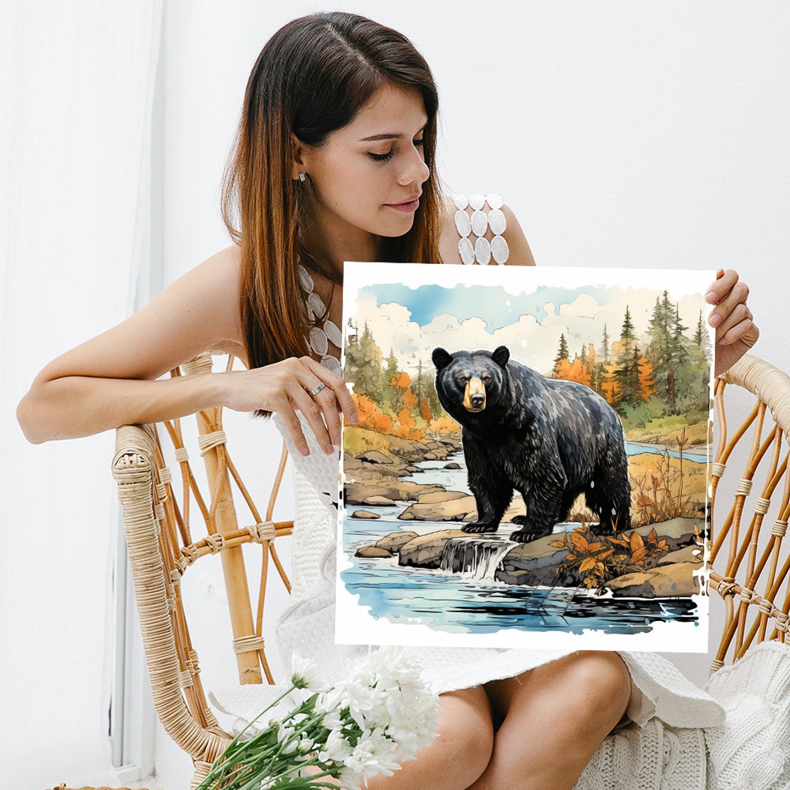 Black Bear Standing by River in Autumn Forest Wildlife Nature Poster - Image 3