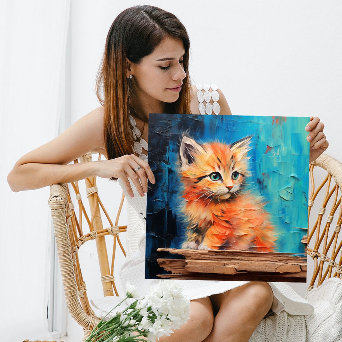 Orange Kitten Impasto Painting Teal Background Cute Cat Wall Poster - Image 3