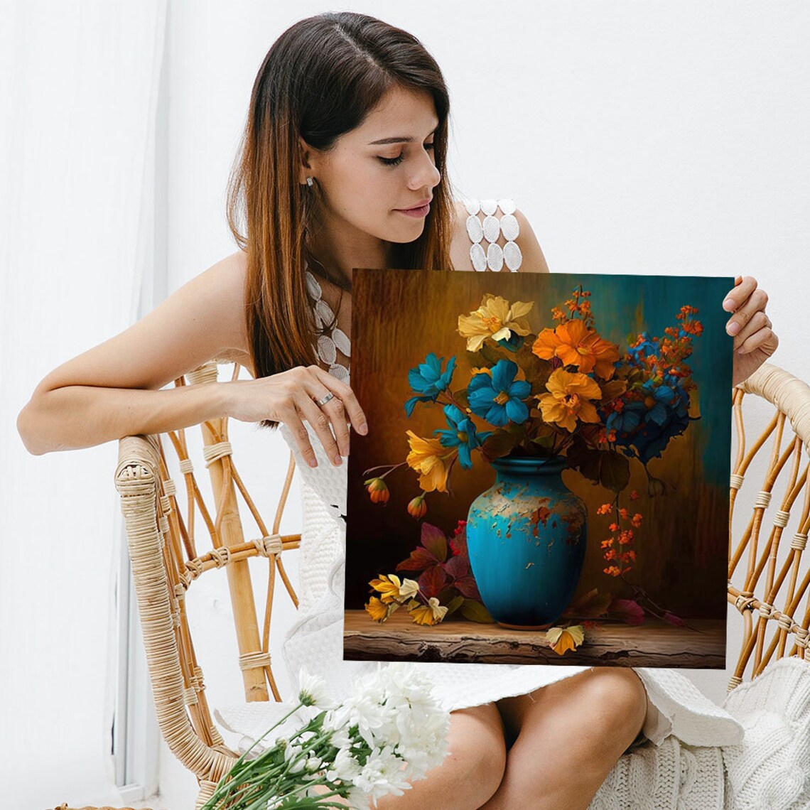 Golden Wildflower Bouquet Turquoise Vase Classic Still Life Art Poster - Image 5