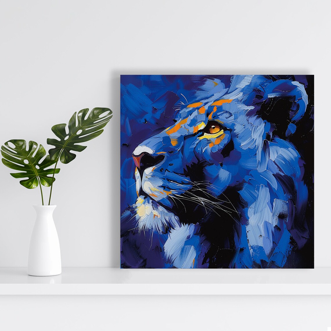 Electric Blue Lion Abstract Animal Wall Art Print - Image 2