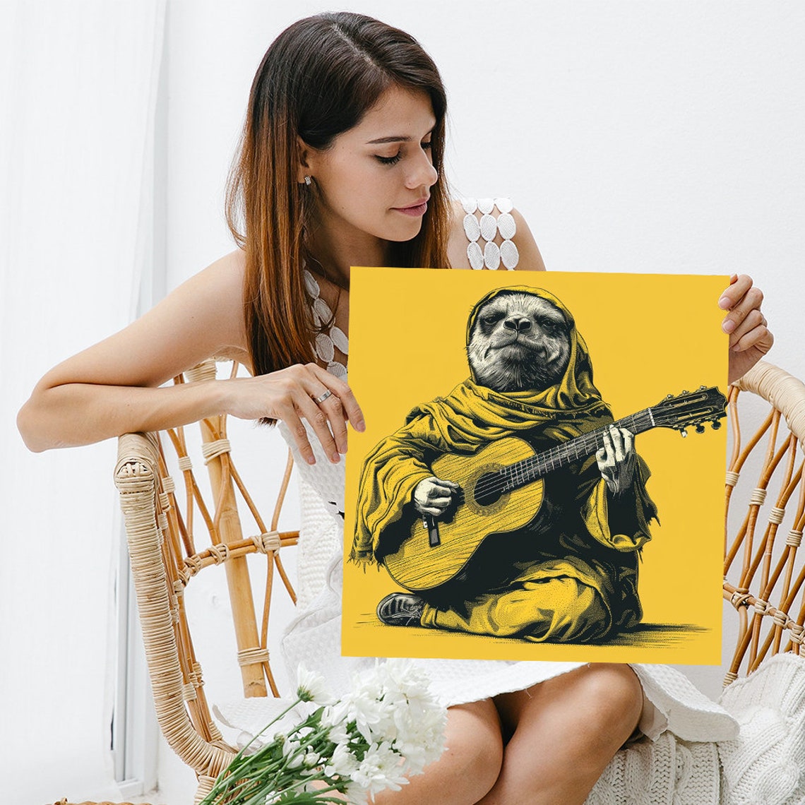 Sloth Playing Acoustic Guitar Mustard Yellow Boho Music Wall Art - Image 3