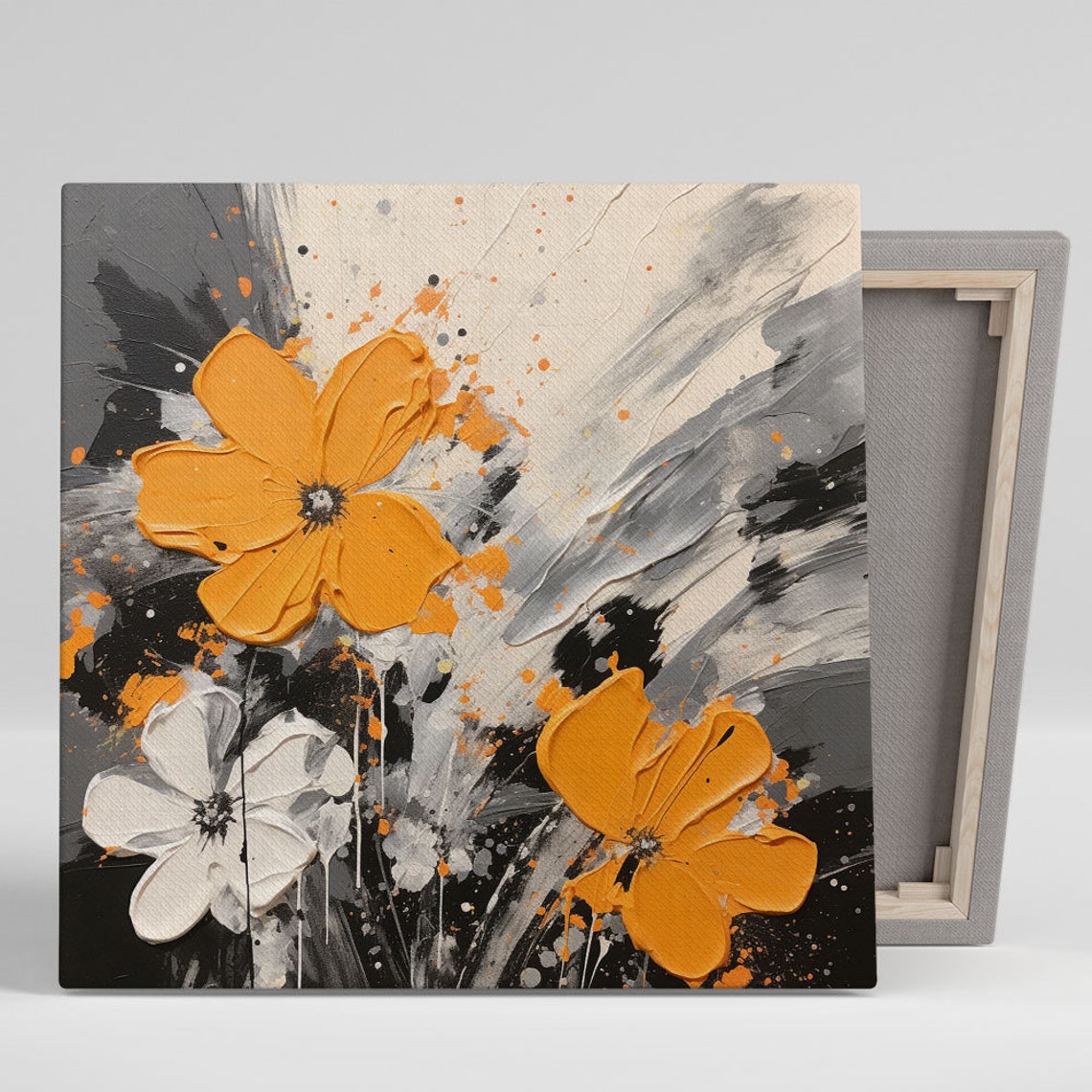 Orange Poppy Flowers Black Gray Splatter Impasto Modern Art Poster