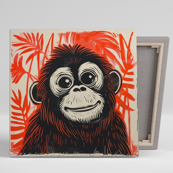 Bold Red Monkey Face Line Art Tropical Vintage Style Wall Poster