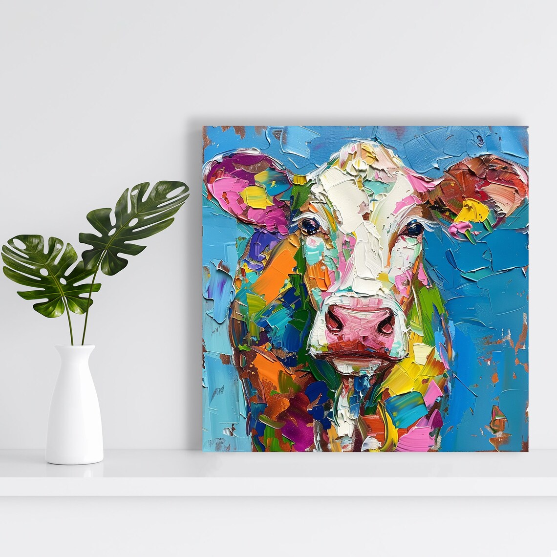 Colorful Cow Portrait Impasto Pink Blue Orange Textured Farm Poster - Image 2