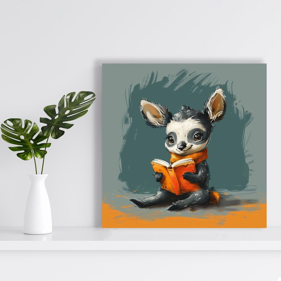 Cute Baby Animal Reading a Book Whimsical Nursery Bookworm Wall Art - Image 2
