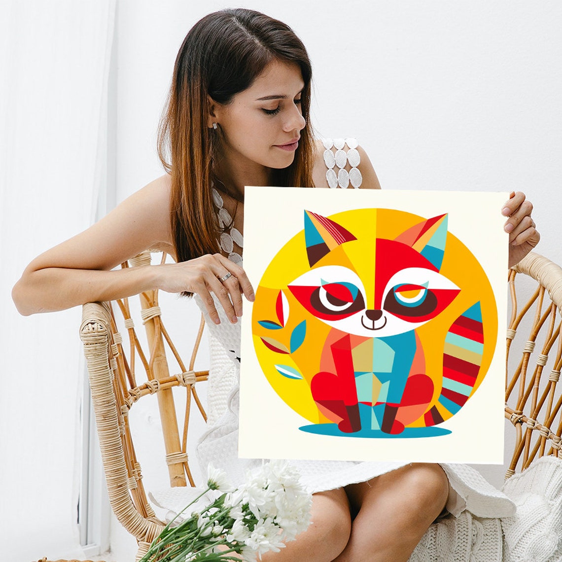 Geometric Raccoon Flat Design Red Yellow Cute Animal Wall Poster - Image 3