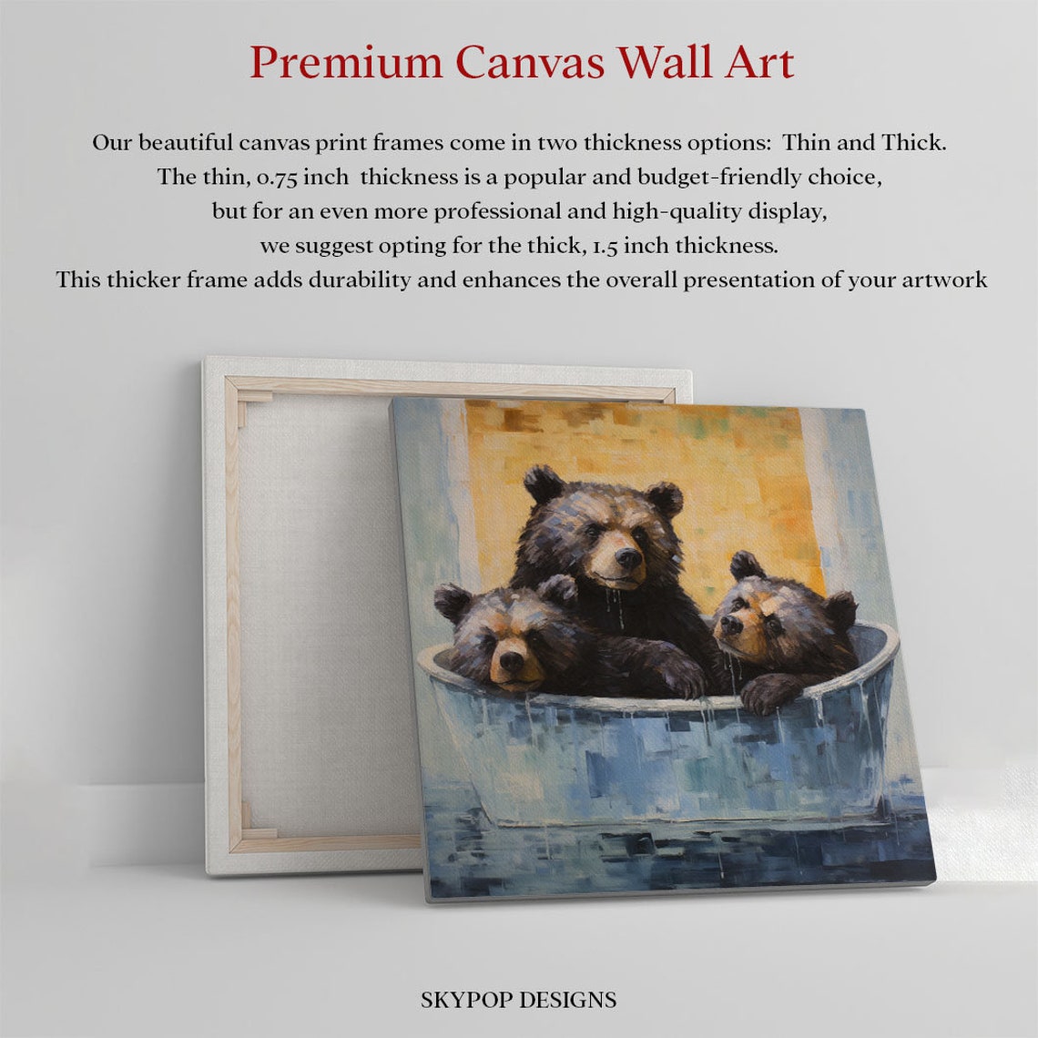 Three Cute Bears Bath Time Funny Blue Bathroom Animal Canvas Poster - Image 3