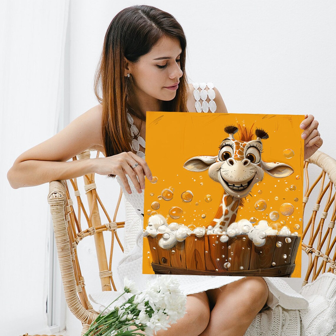 Baby Giraffe Bubble Bath In Wooden Tub Orange Background Fun Nursery Poster - Image 3