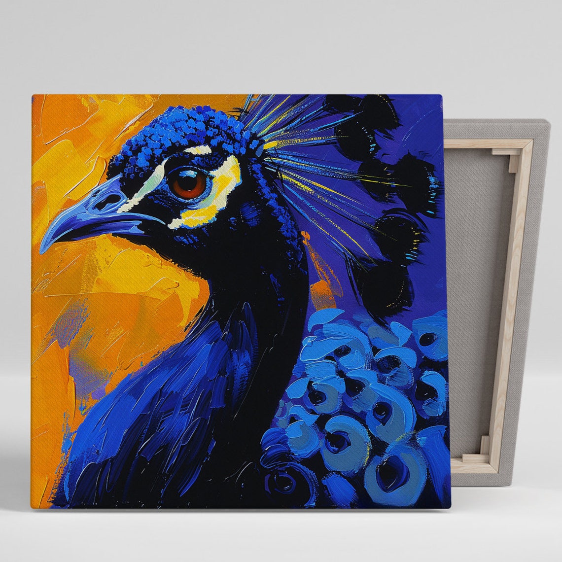 Vibrant Peacock Head Portrait Royal Blue Gold Dramatic Art Poster