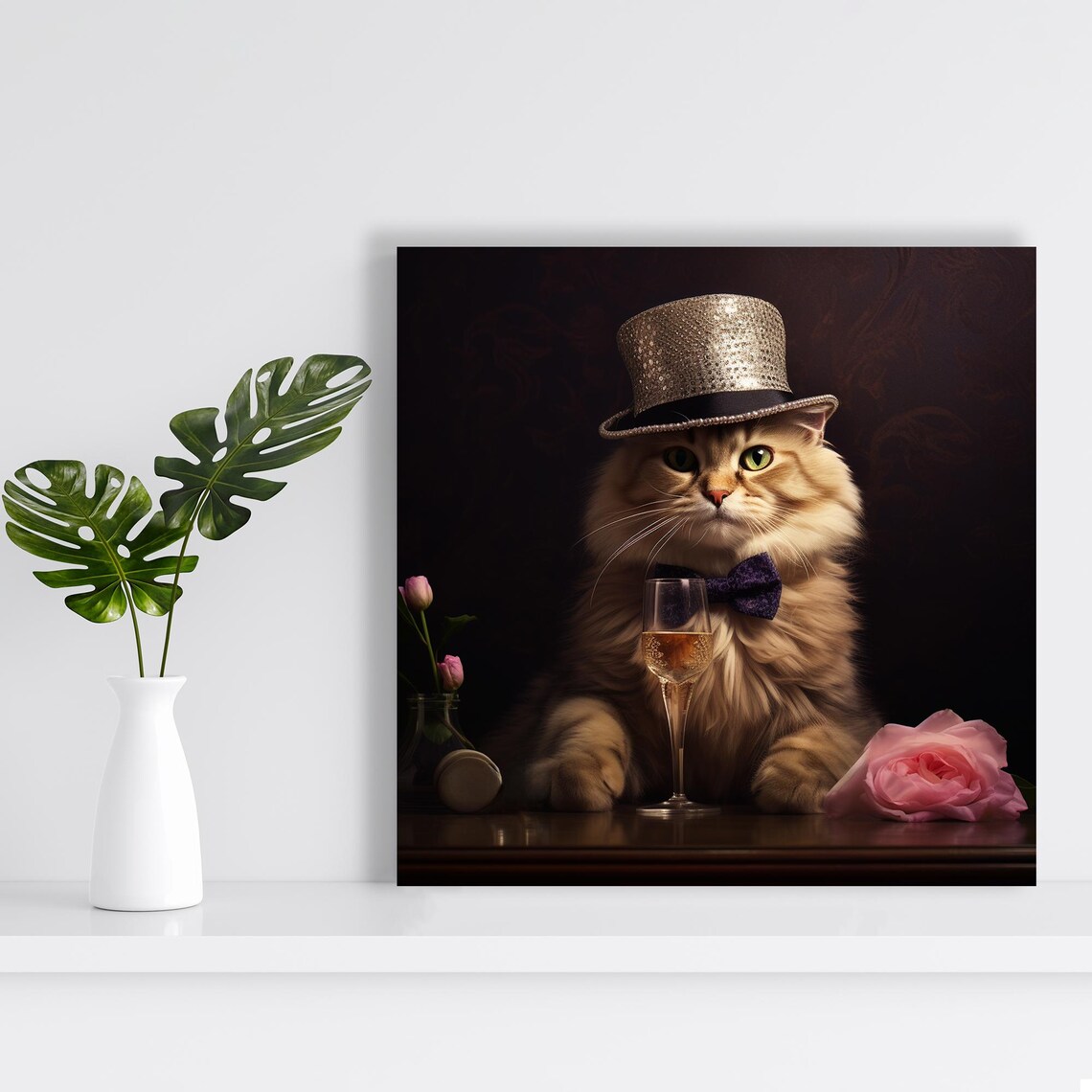 Glamorous Cat in Top Hat Bow Tie Champagne Vintage Chic Cat Wall Poster - Image 2