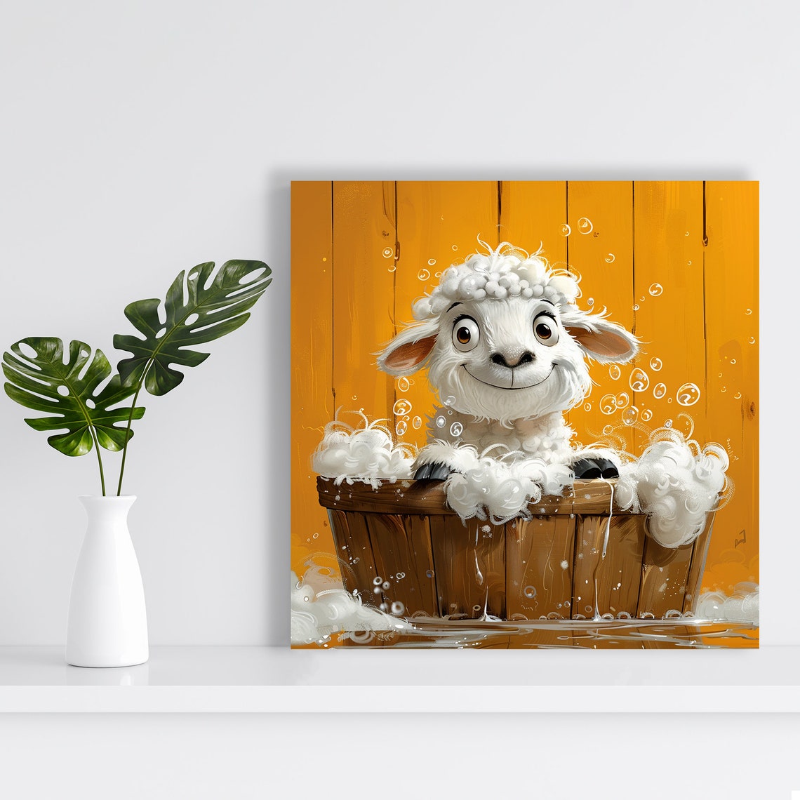 Bubbly Baby Lamb Bath Time Cute Cartoon Wooden Tub Whimsical Poster - Image 2