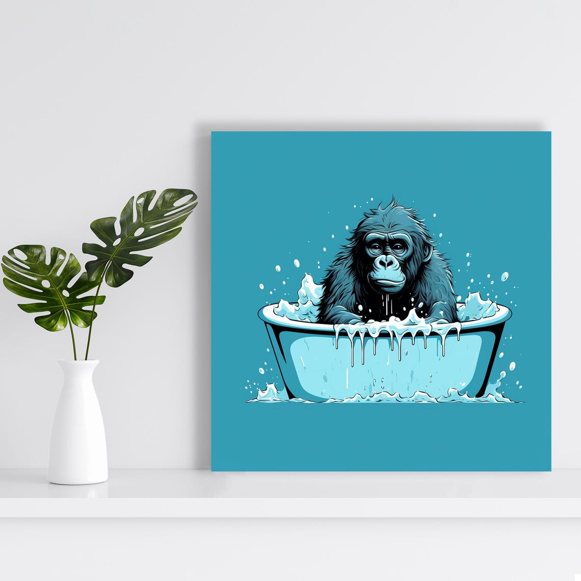 Gorilla Bubble Bath Time Whimsical Blue Monochrome Animal Art Poster - Image 2