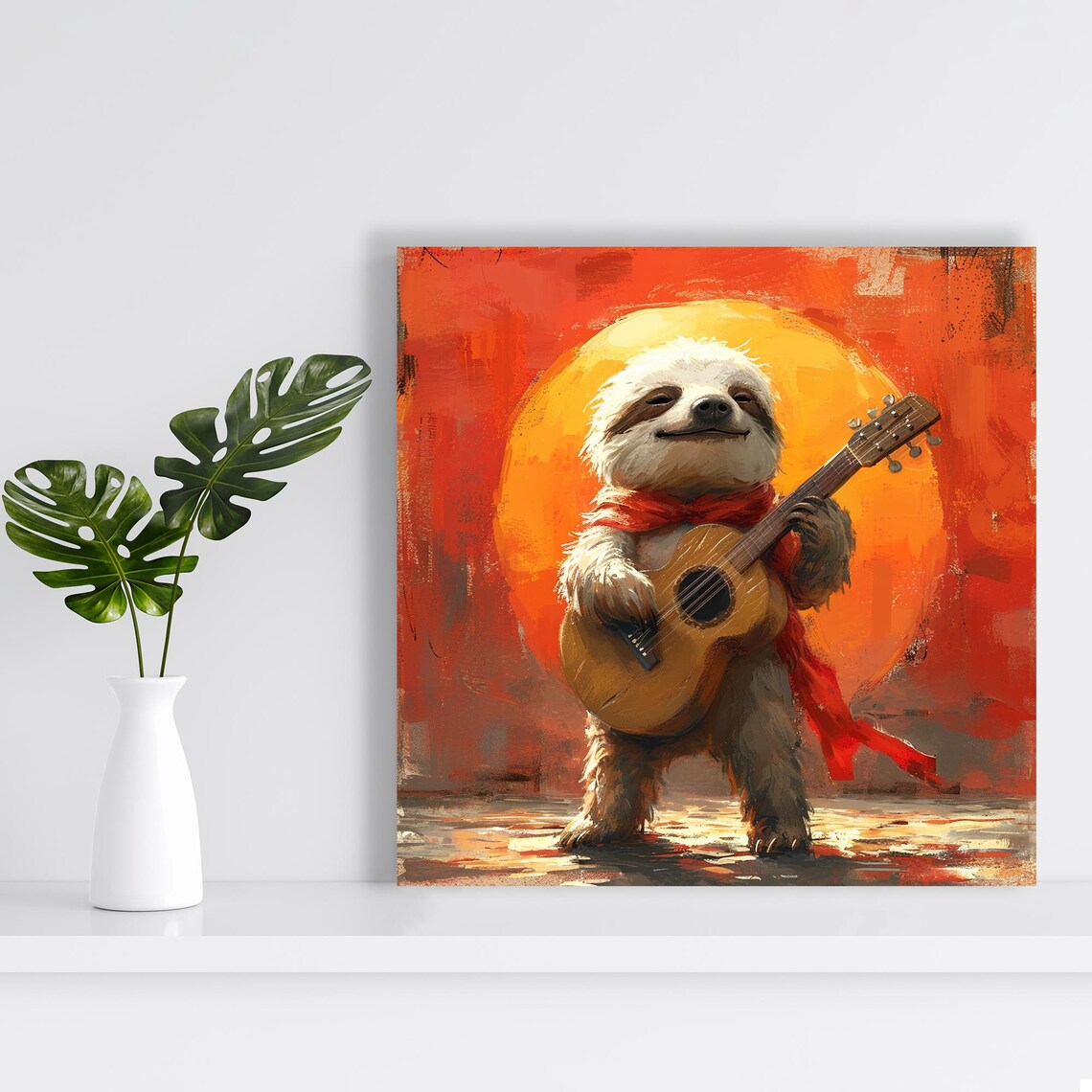 Sloth Playing Guitar Sunset Musician Red Scarf Whimsical Painting Wall Poster - Image 2
