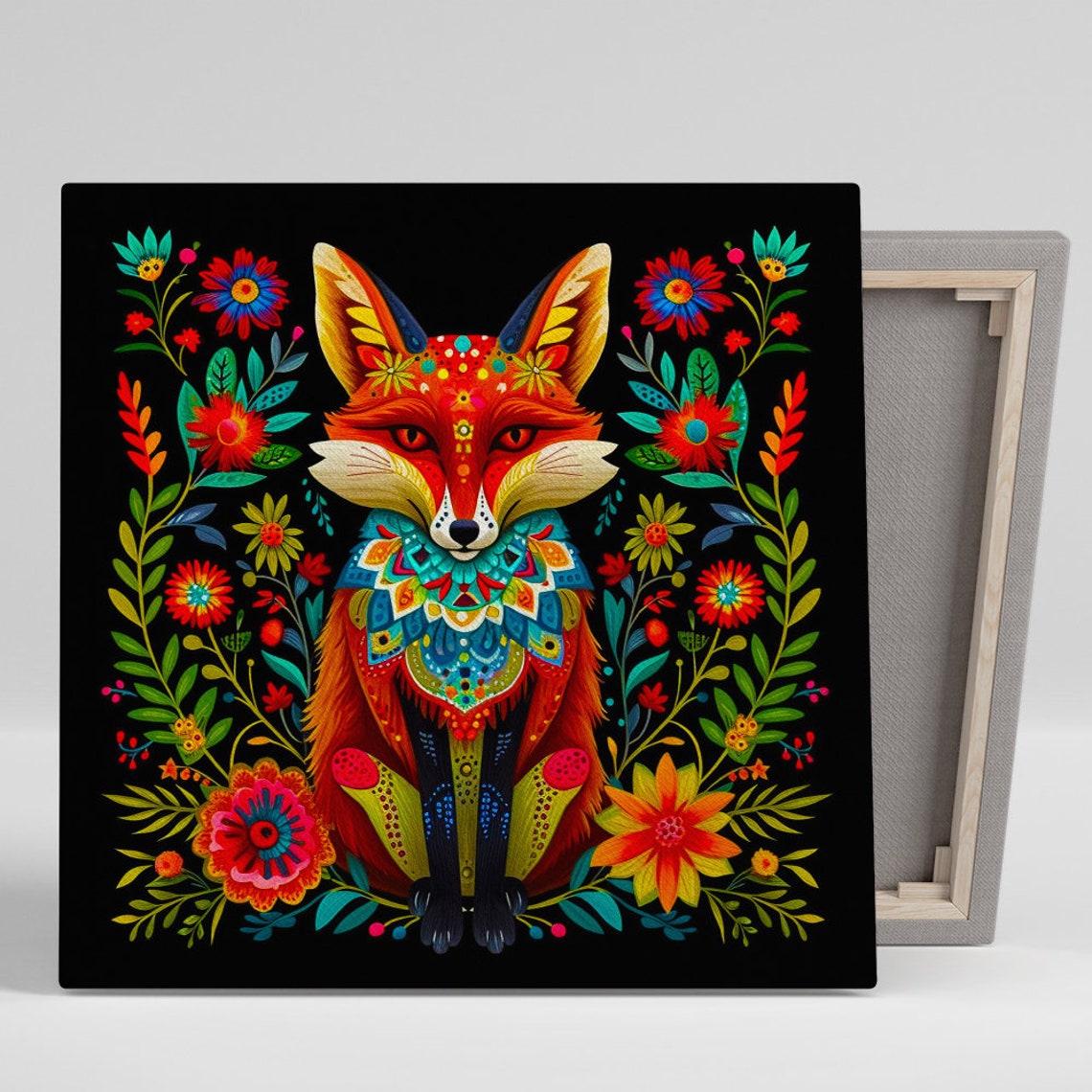 Colorful Folk Art Fox Flowers Black Background Boho Wall Art Poster