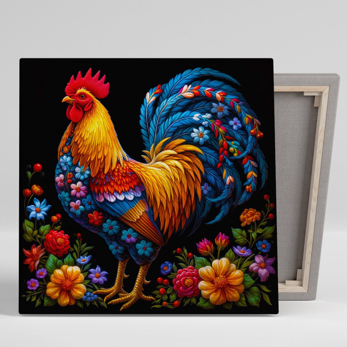 Colorful Rooster Folk Art With Blooming Flowers Black Poster