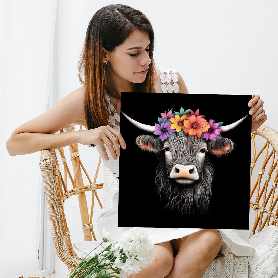 Highland Cow Art Or Poster Whimsical Farmhouse Decor Living Room Bedroom Office Children Room Wall Art Black White Purple Orange - Image 3