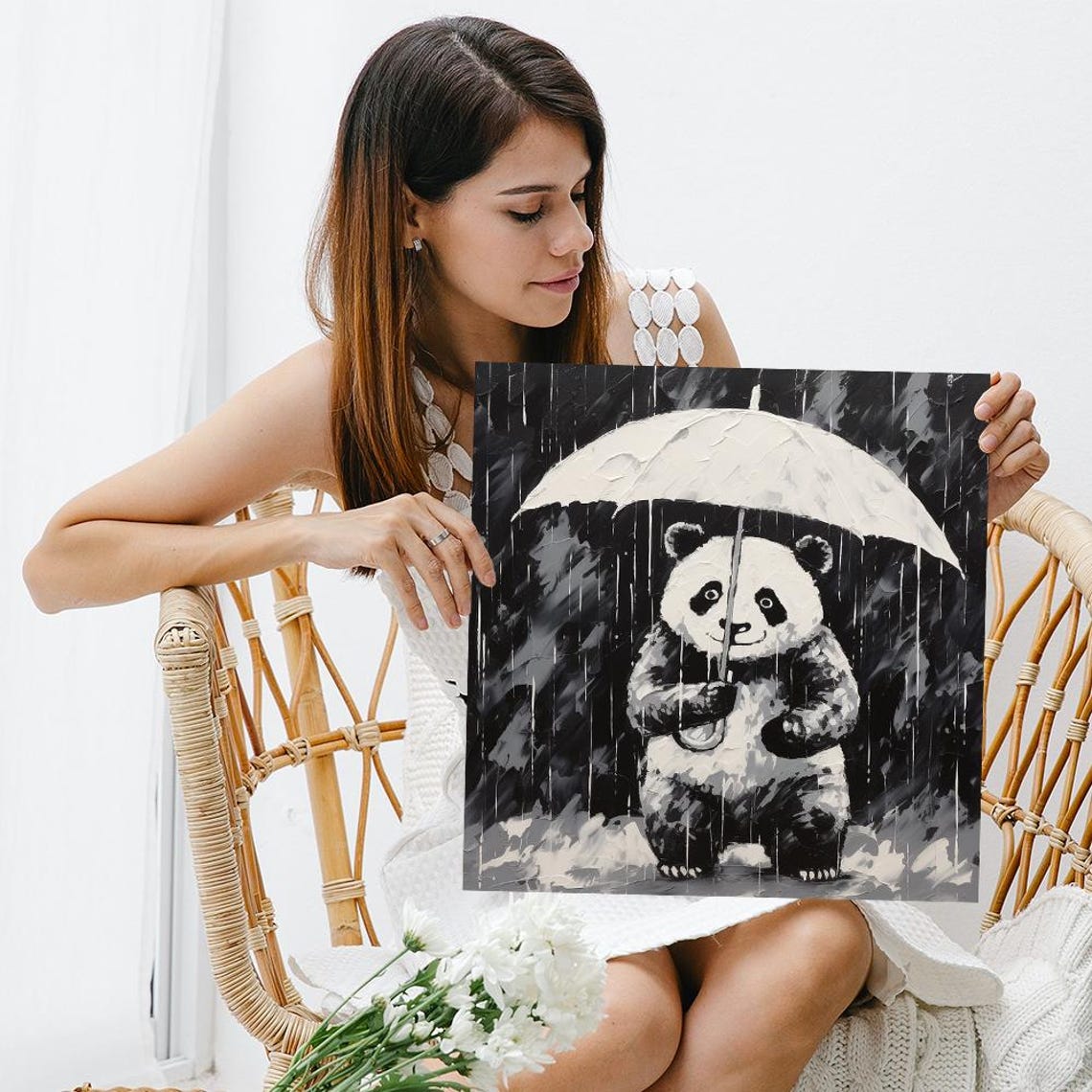 Panda Holding Umbrella In Rain Black White Monochrome Wall Poster - Image 3