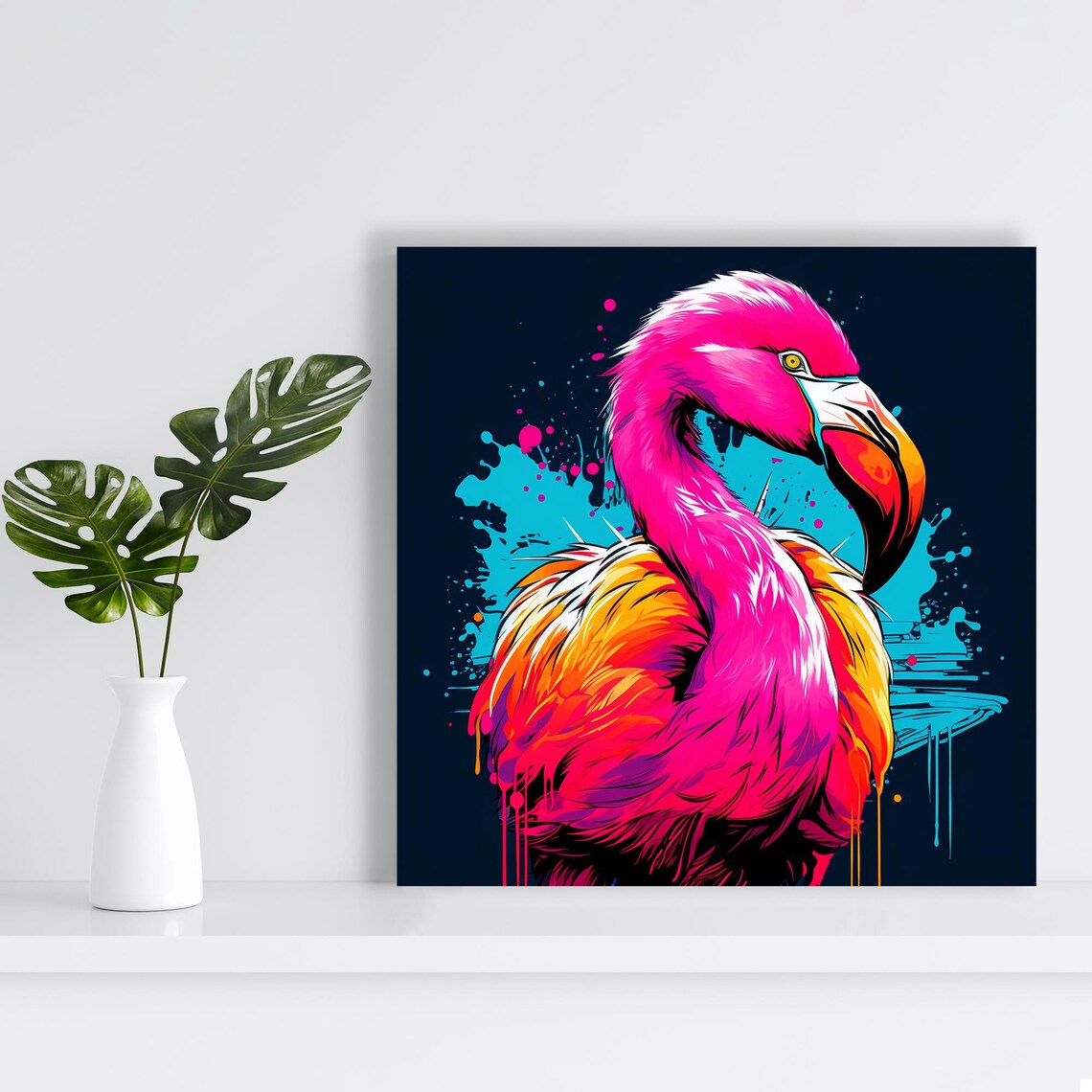 Neon Pink Flamingo Pop Art Tropical Splash Animal Wall Art Poster - Image 2