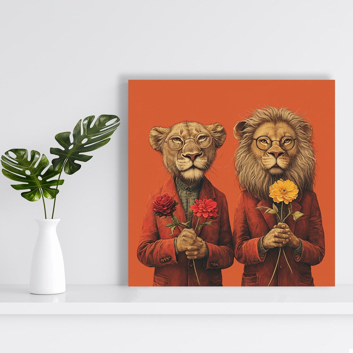 Scholarly Lions In Bloom, Whimsical Animal Art Print - Image 2