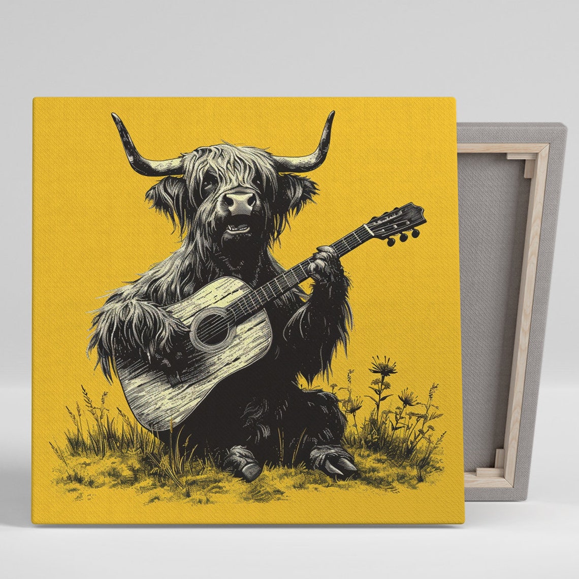 Highland Cow Playing Guitar Sketch Art Mustard Yellow Wall Poster