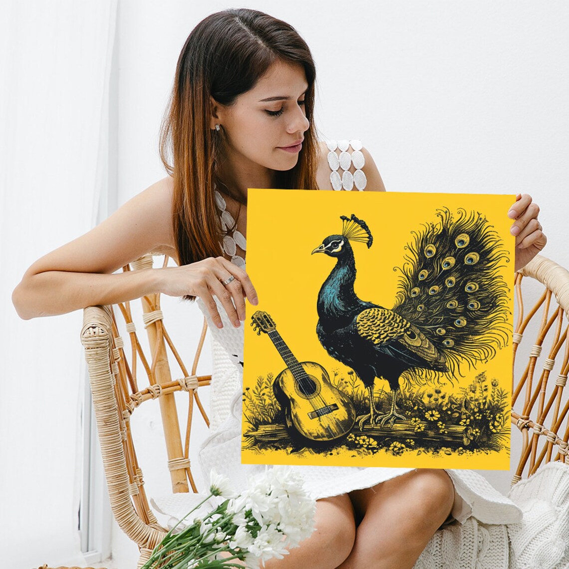 Vintage Peacock With Fanned Tail and Guitar Yellow Ink Art Poster - Image 3