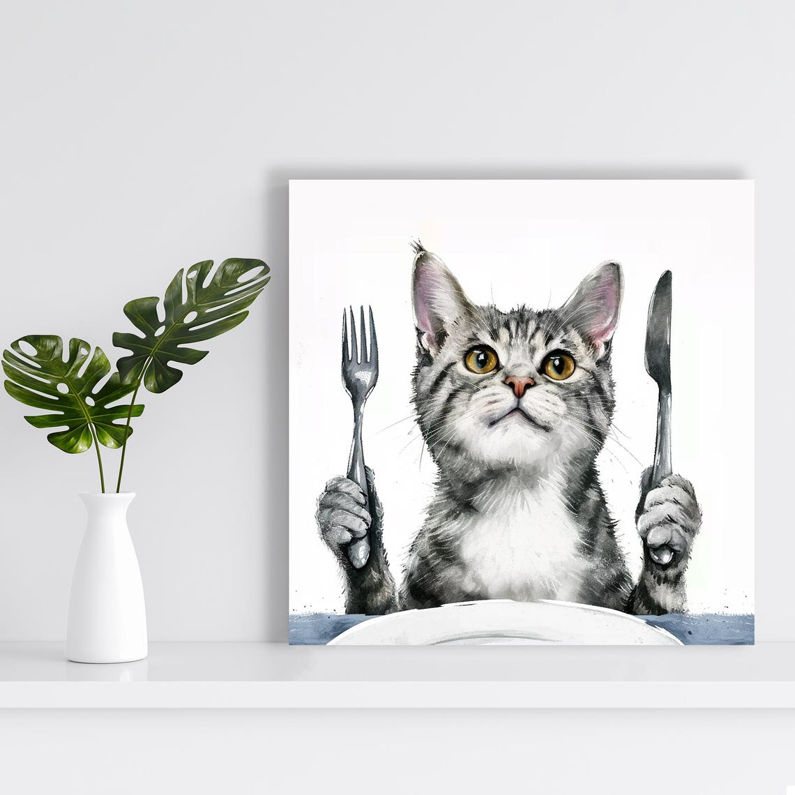 Hungry Tabby Cat With Fork And Knife Funny Kitchen Wall Art Poster - Image 2