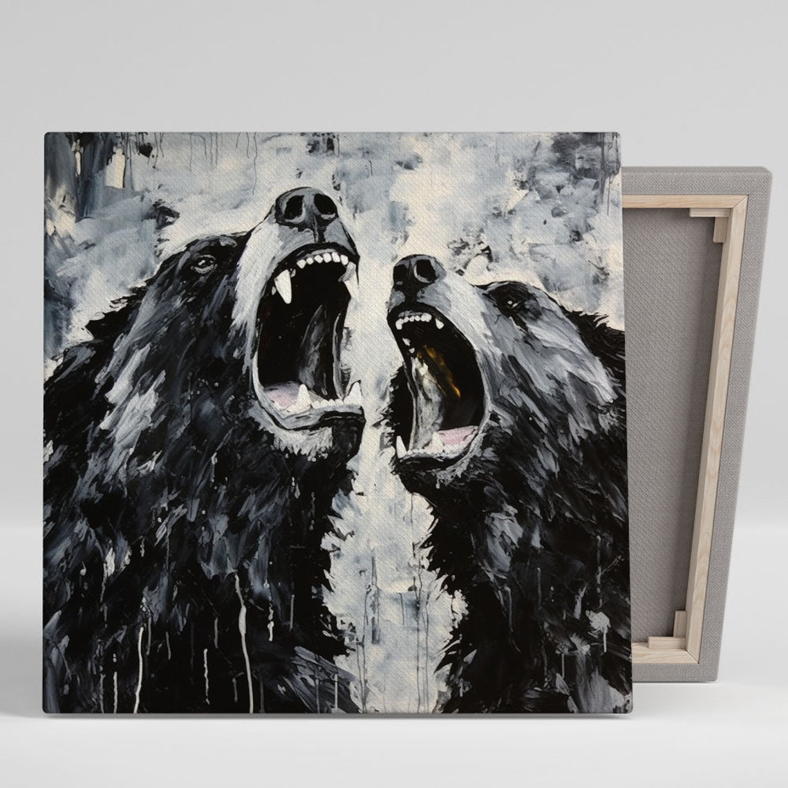 Two Black Bears Roaring Face To Face Monochrome Expressive Art Poster