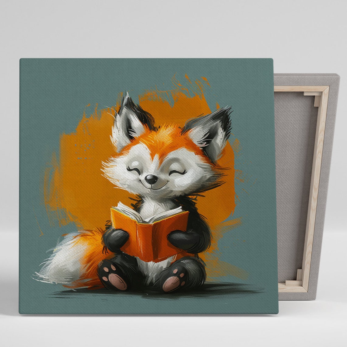 Baby Fox Reading Orange Book Cute Whimsical Kids Nursery Wall Poster