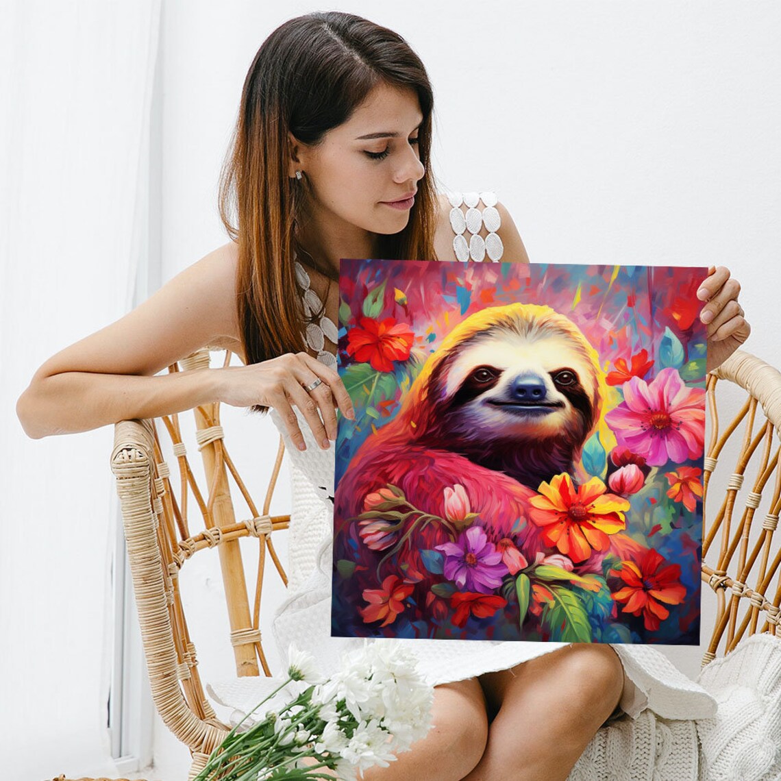 Smiling Sloth Among Vibrant Tropical Flowers Colorful Pop Style Animal Print - Image 3