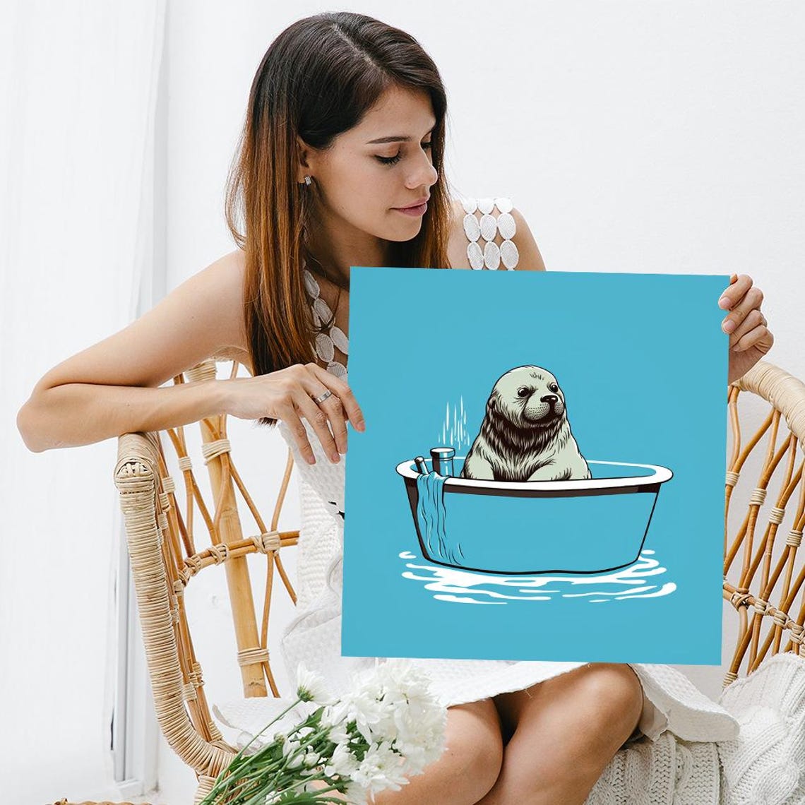 Seal Relaxing in Bathtub Whimsical Blue Vintage Animal Bathroom Poster - Image 3