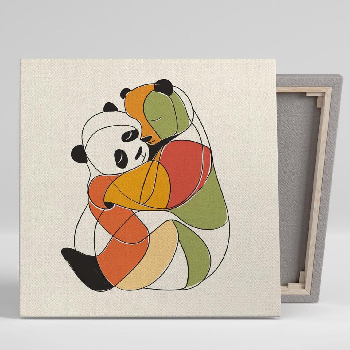 Two Pandas Hugging Colorful Minimalist Line Art Nursery Poster