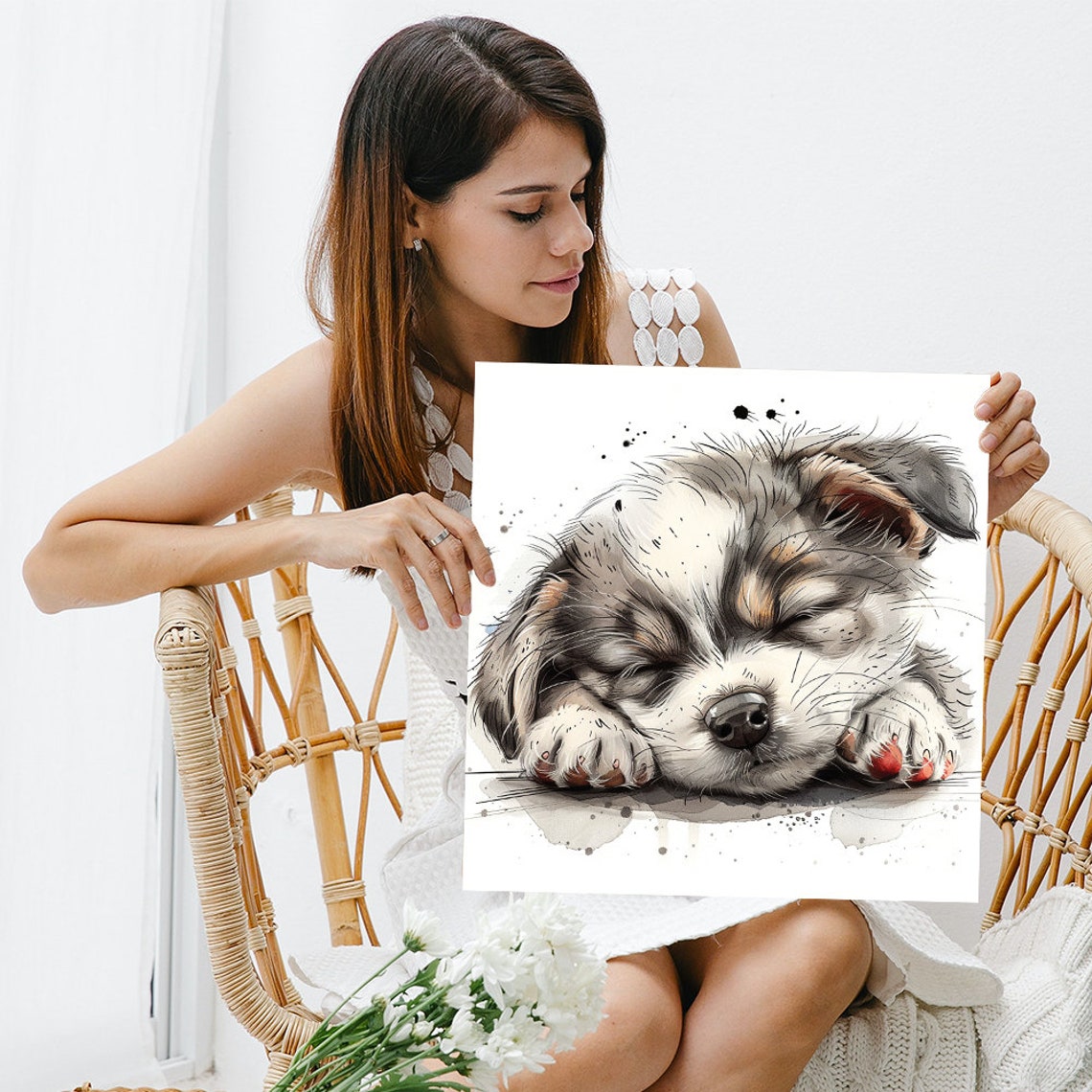 Sleepy Puppy Napping Soft Watercolor Gentle Grey Nursery Poster - Image 3