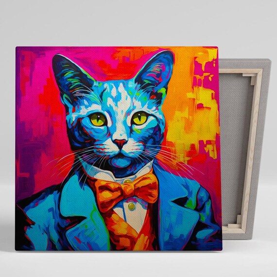 Dapper Cat Gentleman Blue Suit Orange Bow Tie Neon Pop Art Wall Art Poster