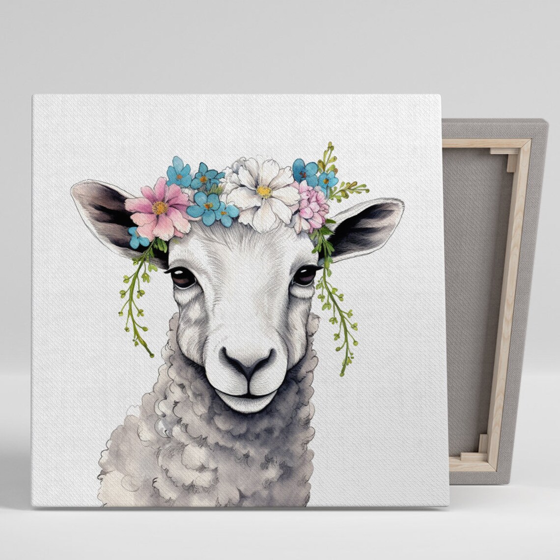 Sweet Lamb With Floral Crown in Soft Watercolor Style Poster