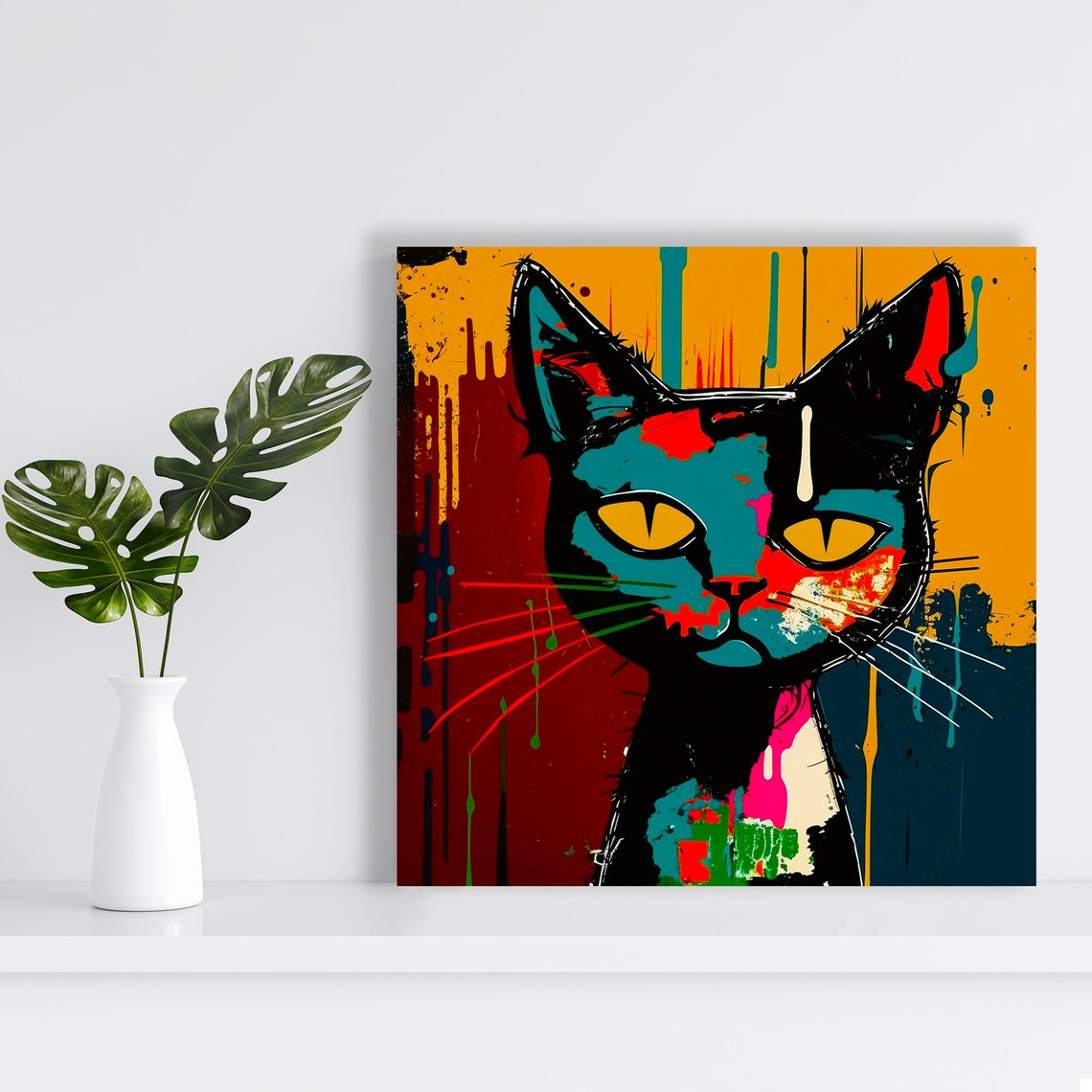 Black Cat Street Art Portrait Bold Turquoise Red Paint Drip Poster - Image 2